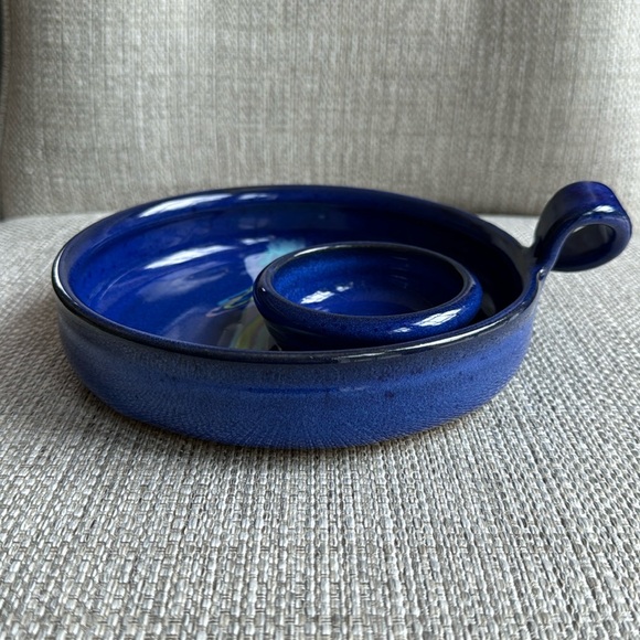 Studio Pottery Handmade Candle Holder Artist Signed Colbalt Blue w/ Pastel Swirl - Picture 9 of 9